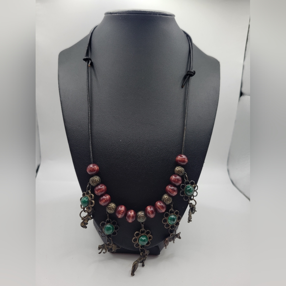 Vintage Metal dangle Animals with Malachite Artisan wood Beaded corded Necklace